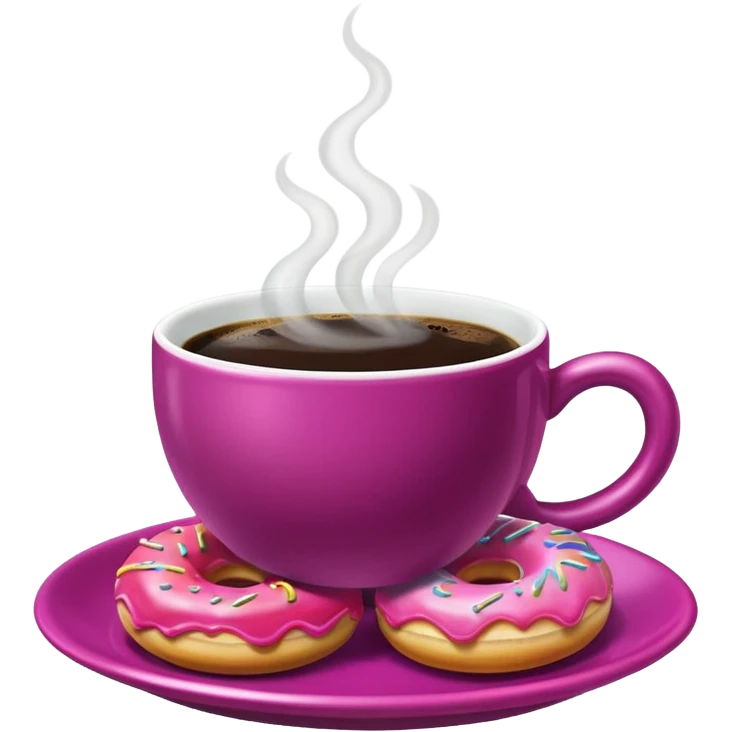 A steaming cup of coffee, magenta with a yellow butterfly print, sits on a magenta saucer with colorful donuts. emoji