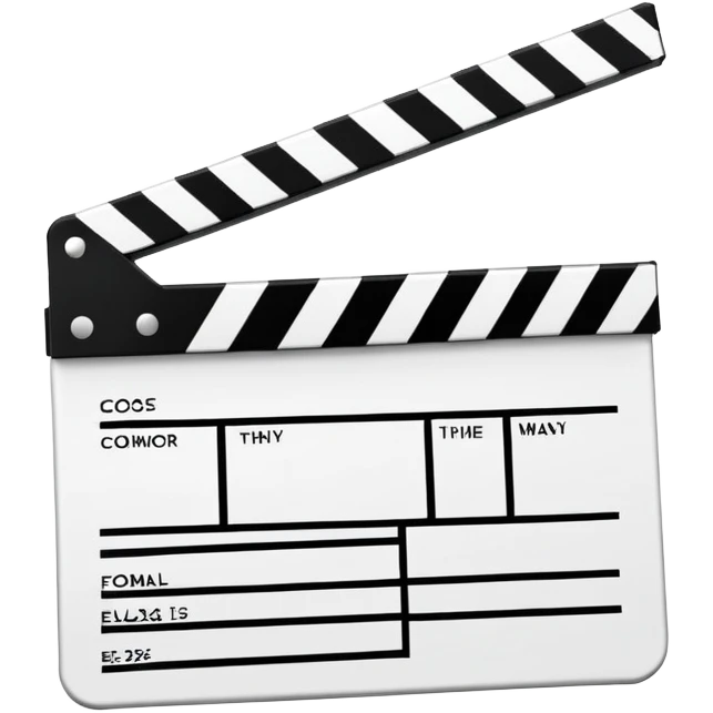 geometric outline clapperboard, precise thin black lines, no interior details except one diagonal emoji