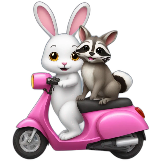 Bunny on a scooter with raccoon emoji