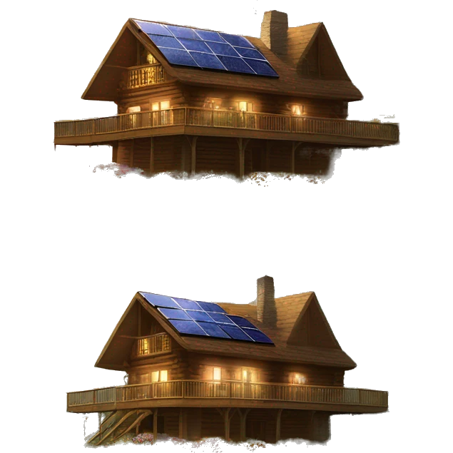 Skywalker Cabin is a clean Very big Wood Cabin near tree on the mountain in the background. The cabin is 5 stories tall with extensive solar arrays on top. The cabin sits on thick grass fields. porch lights on ,guests on porch smoking ,flowers and bushes  emoji