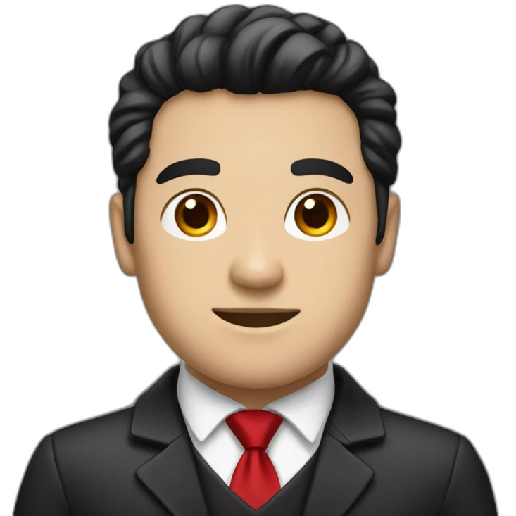 Boss, white skin, black hair, brown eyes, black jacket with red tie. happy emoji