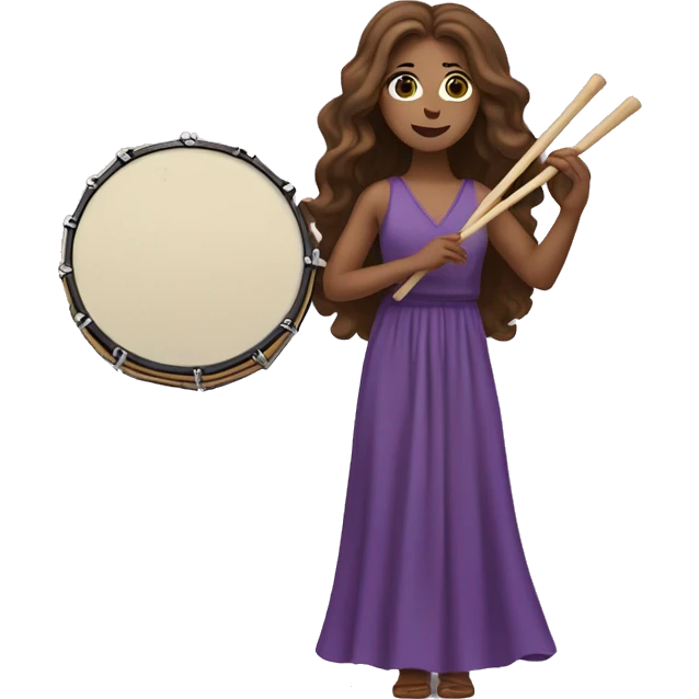 White woman standing with long flowing purple dress and long wavy brown hair holding a small handheld frame drum and a drum stick emoji