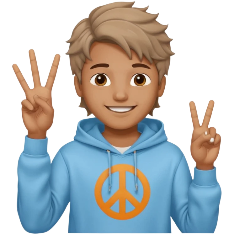 An indian boy in a light blue hoodie with wavy flow hairstyle showing peace sign emoji