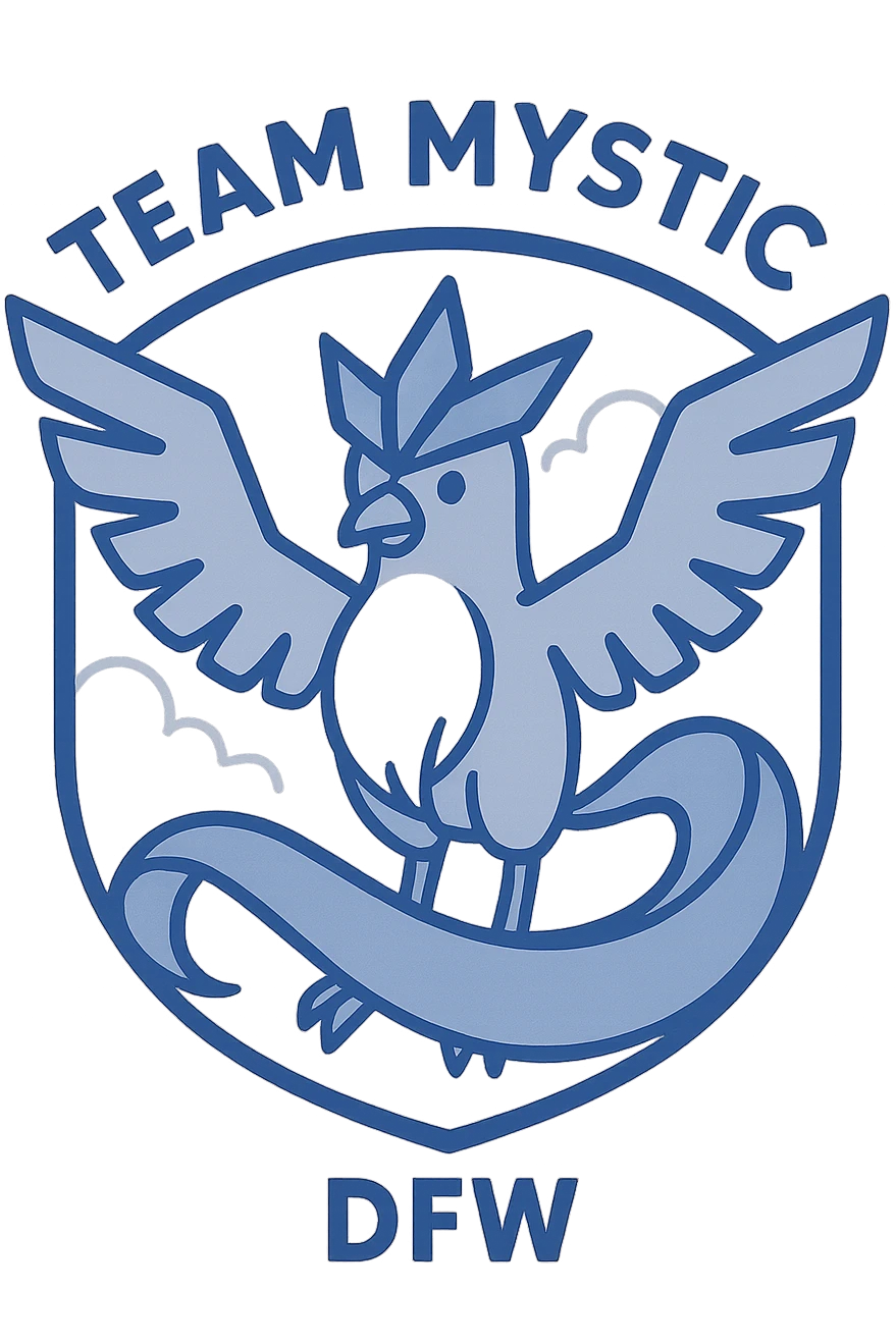 badge-style logo for Pokémon Go Team Mystic DFW with Articuno in center, 'Team Mystic' above, 'DFW' below, electric blue accents emoji