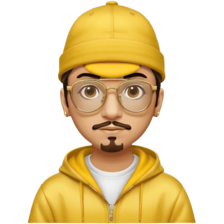 Ali G from Ali G Indahouse with brown eyes, dark brown hair, gold outfit, yellow glasses and hat emoji