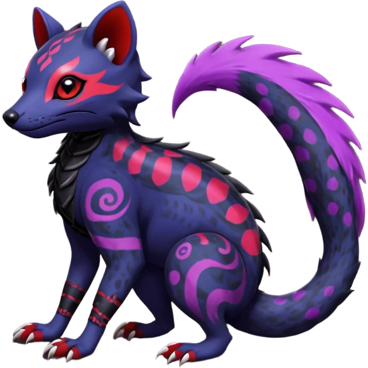Rare warm-colored exotic gloomy tropical edgy cute epic aesthetic spooky indigo violet white black red gothic colorful Salandit-Noibat-Civet-species-Fakemon-hybrid-creature, with tribal tattoo markings, full body emoji
