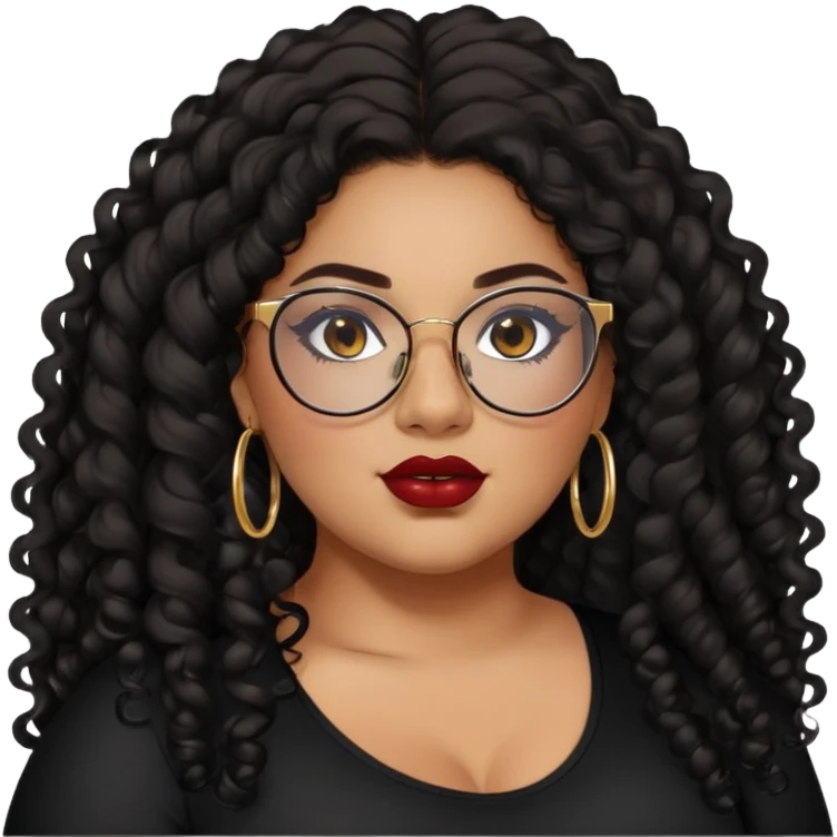 teen big plus size, latina, darker tan skin, gold hoops, long black curly hair, baddie,pretty, makeup, dark red lipgloss, black eyeliner, long hair, black top, black glasses emoji