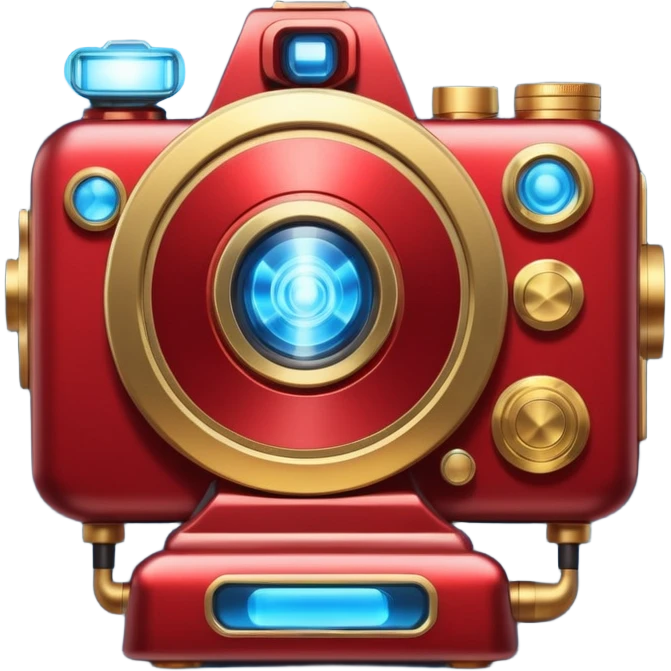 🎬🤖 Create a video project icon inspired by Iron Man: a sleek film camera with metallic red and gold accents, glowing with blue arc reactor energy. emoji