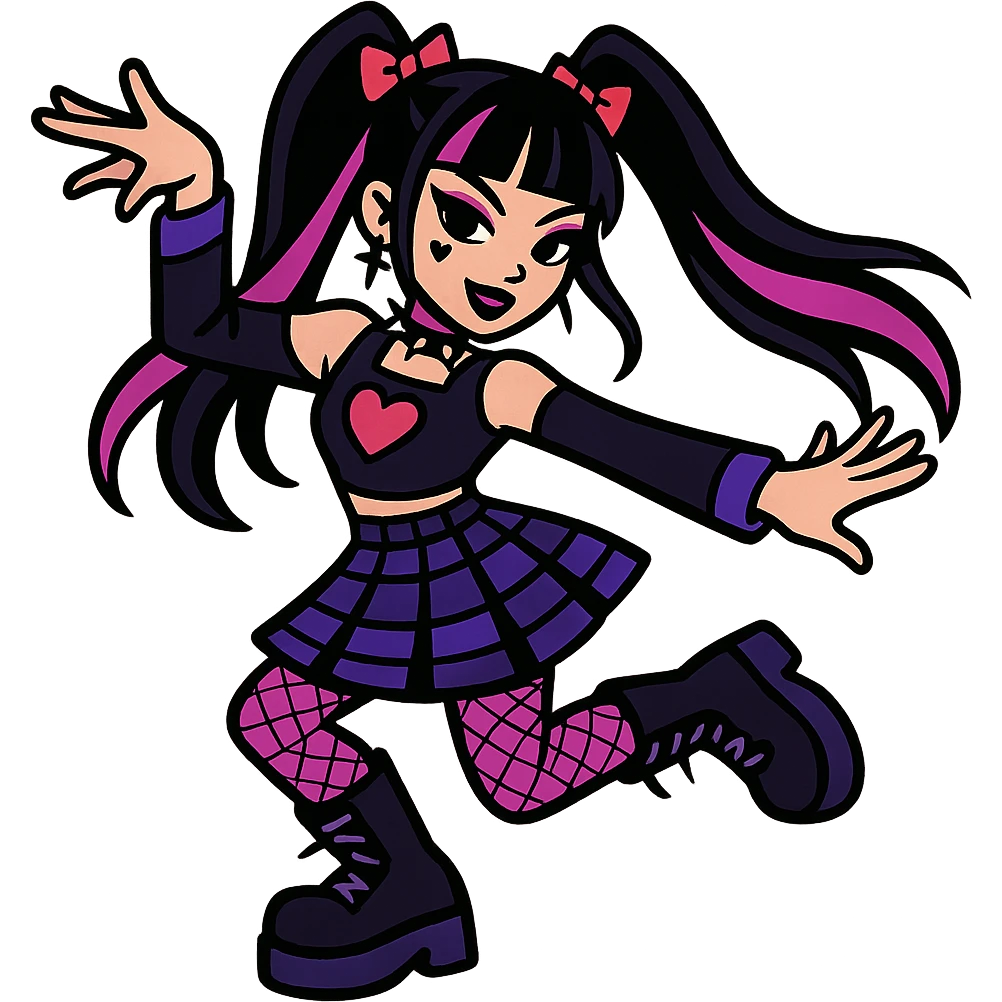 K-pop inspired gothic girl, vibrant toon style, bold colors, playful gothic fashion, dynamic dance pose emoji