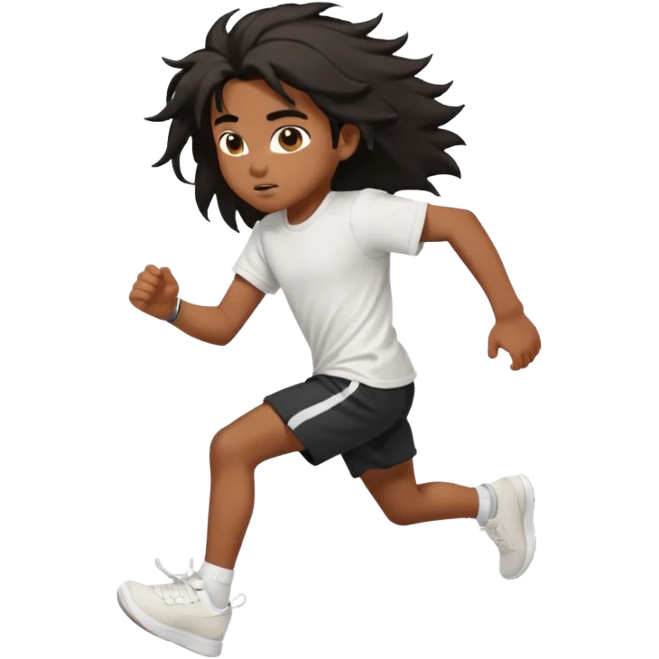 generate a pretty bratz brown skinned boy with black messy long hair wearing a white tshirt and black running shorts. running on the street with white sneakers emoji
