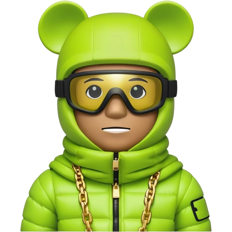 geometric bearbrick in lime green balaclava with brand tags, eyes replaced by integrated single-piece visor lens built into mask itself, not as separate glasses, down jacket with fur hood, gold chains emoji