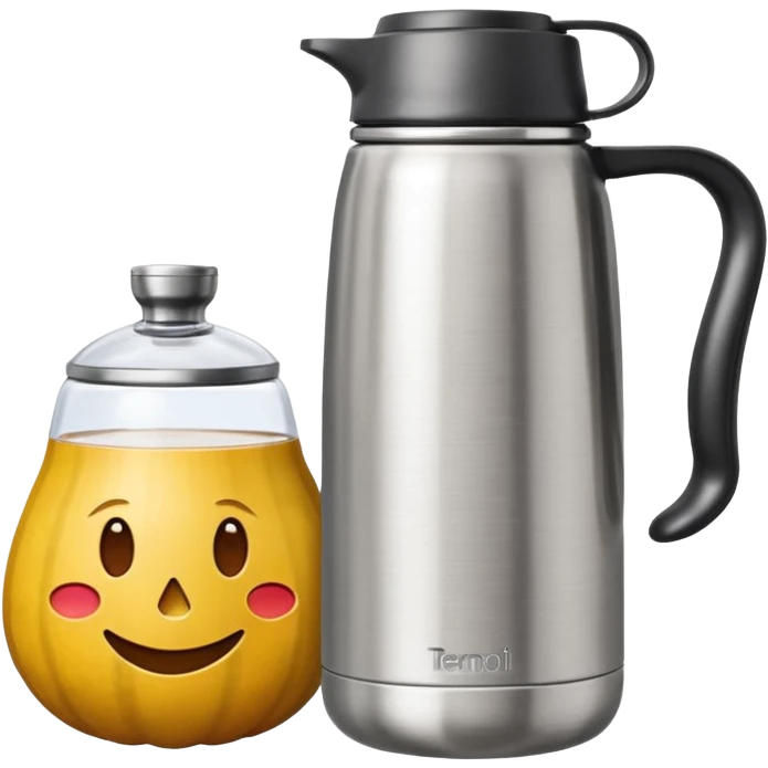 thermal water bottle with lid next to a stainless steel cup with a tereré gourd inside, emoji style emoji