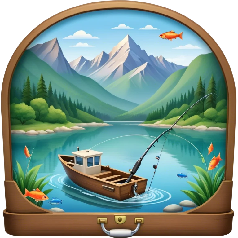 Icon for Fishing Travel: a boat on a calm lake surrounded by mountains and lush greenery, with fish jumping out of the water, a fishing rod, tackle box. The icon should capture the peaceful and adventurous nature of fishing trips. Transparent background. emoji