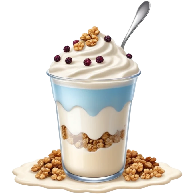 Mystical floating Greek yogurt cup with magical protein granola and glowing chia seeds, surrounded by sparkles and celestial aura emoji