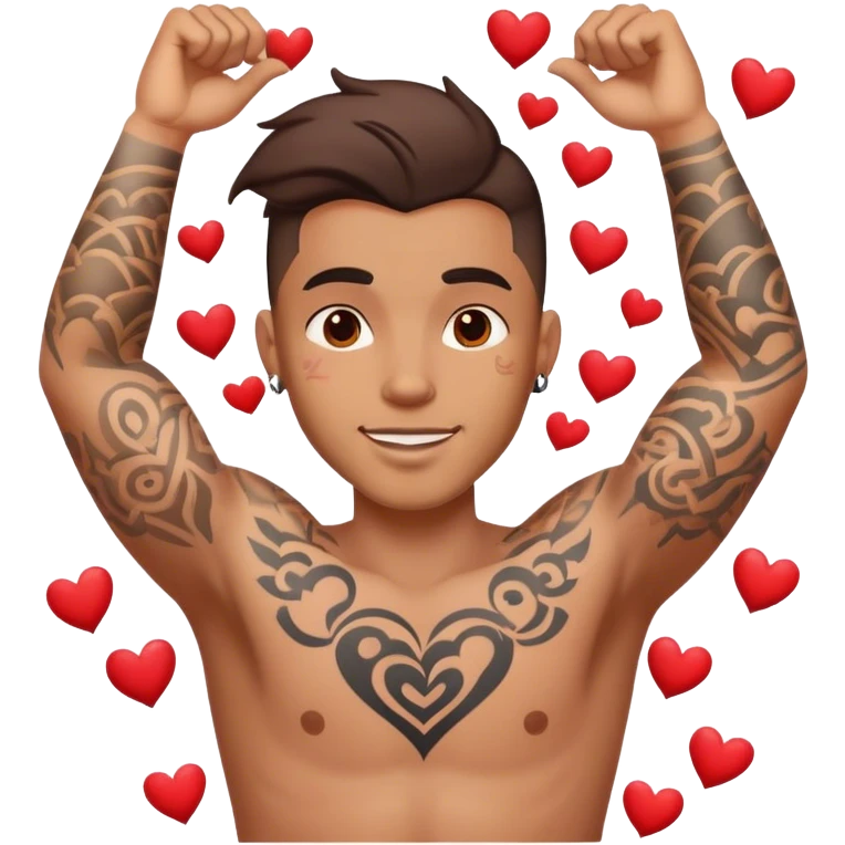 Man celebrating with hearts everywhere and he has tattoos emoji