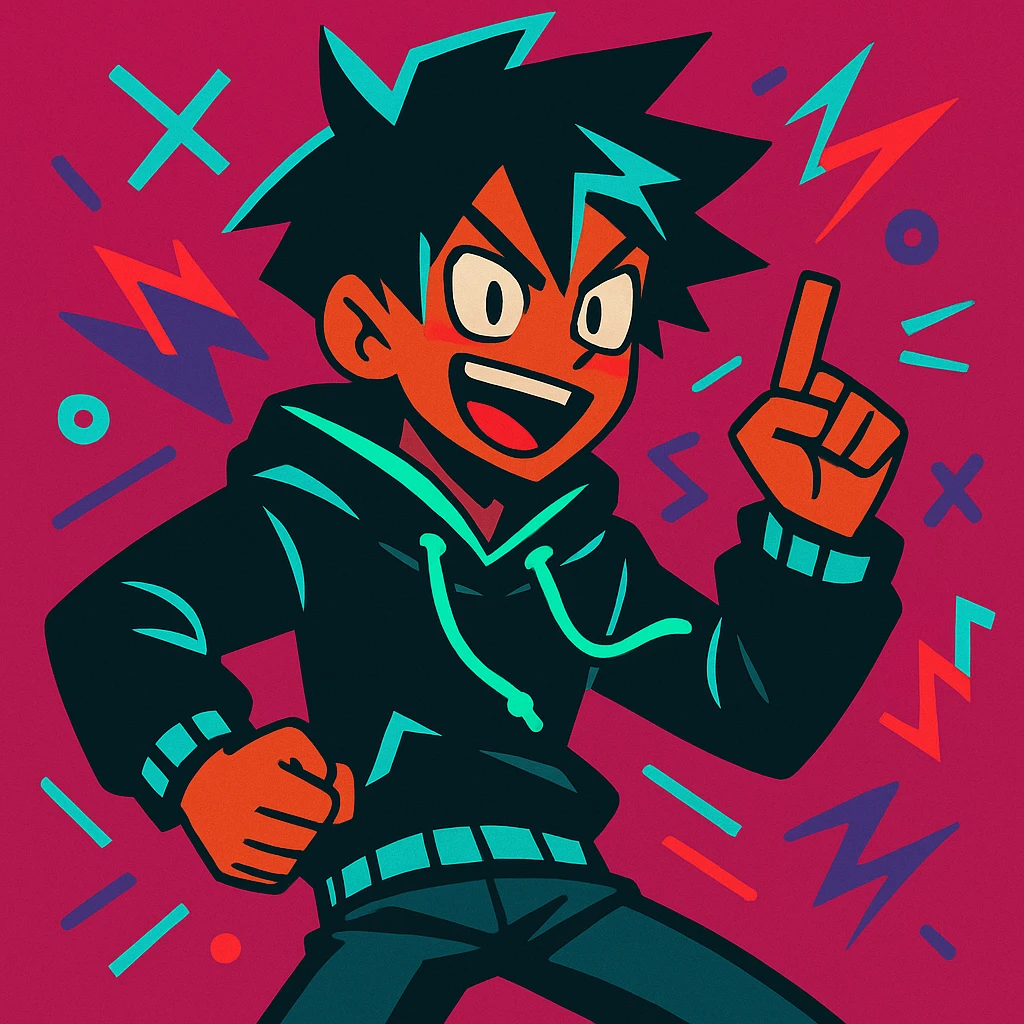 Maretu xydrick, energetic character, neon accents, expressive face, modern illustration emoji