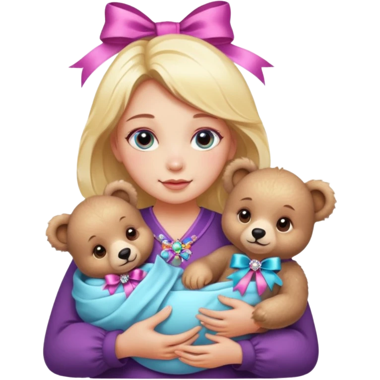 woman holding baby bears with ribbons and crystals emoji
