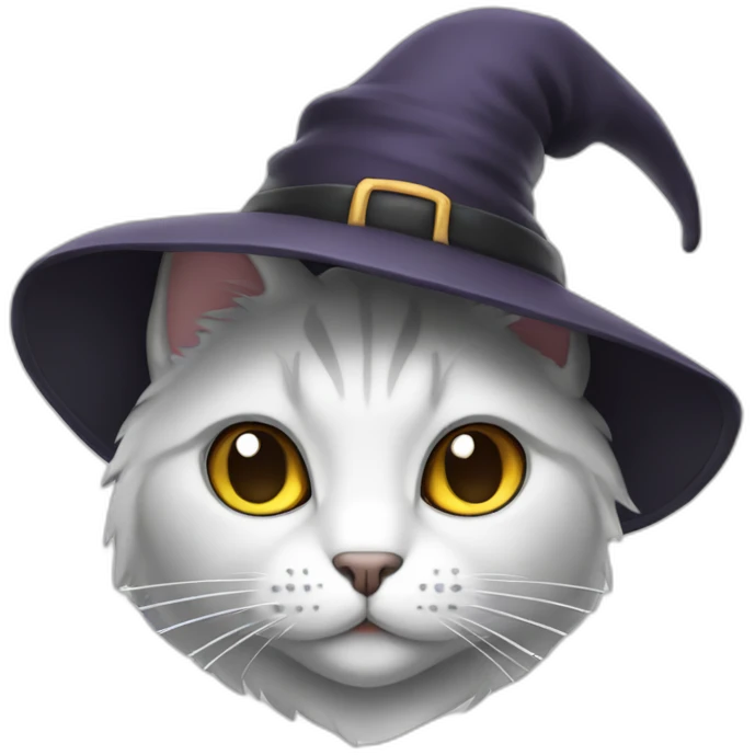 white and grey cat wearing a witch hat emoji