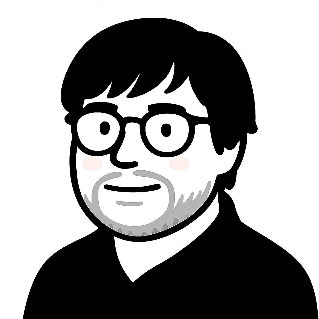 A man with glasses, longer messy hair with bangs that partially cover his forehead, a round face shape, a broader nose, and a short fine beard emoji