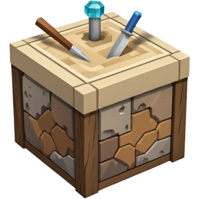 crafting table with tools, stone, wood, glass, sand, ... like a minecraft style cube crafting table  emoji