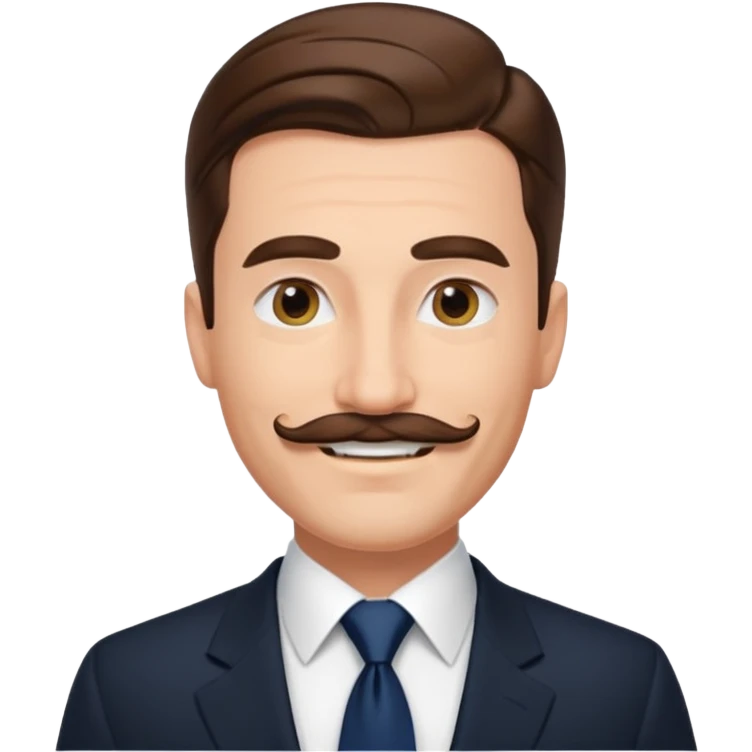 Caucasian man emoji, slicked back brown hair, black suit, navy tie, mustache, smiling emoji