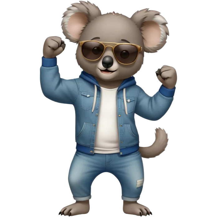 anthropomorphised koala, full body, wearing a hoodie and jeans, dark sunglasses, shaking fist in a different pose emoji