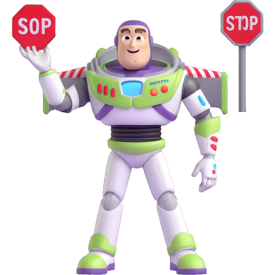 Buzz Lightyear character with a red stop sign above him emoji