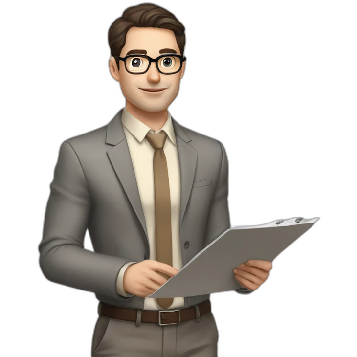 Pale skinned fit man with dark brown hair in gray jacket, beige office shirt, brown tie, brown pants and vintage glasses Writing text on the flipchart emoji