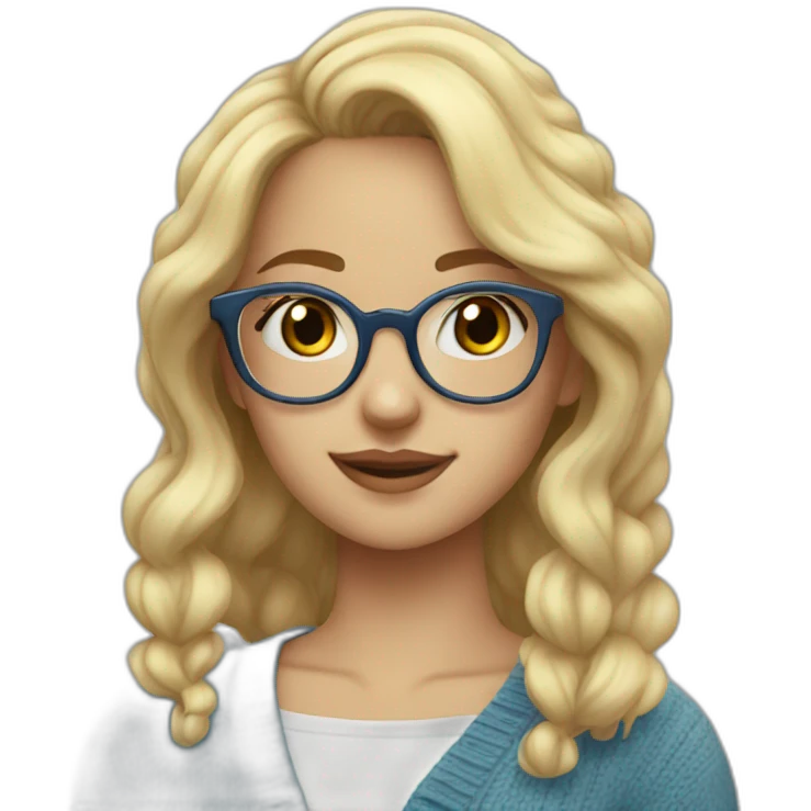 a blonde girl, 23 years old, with transparent! glasses, very cute, with blue cardigan with clouds emoji