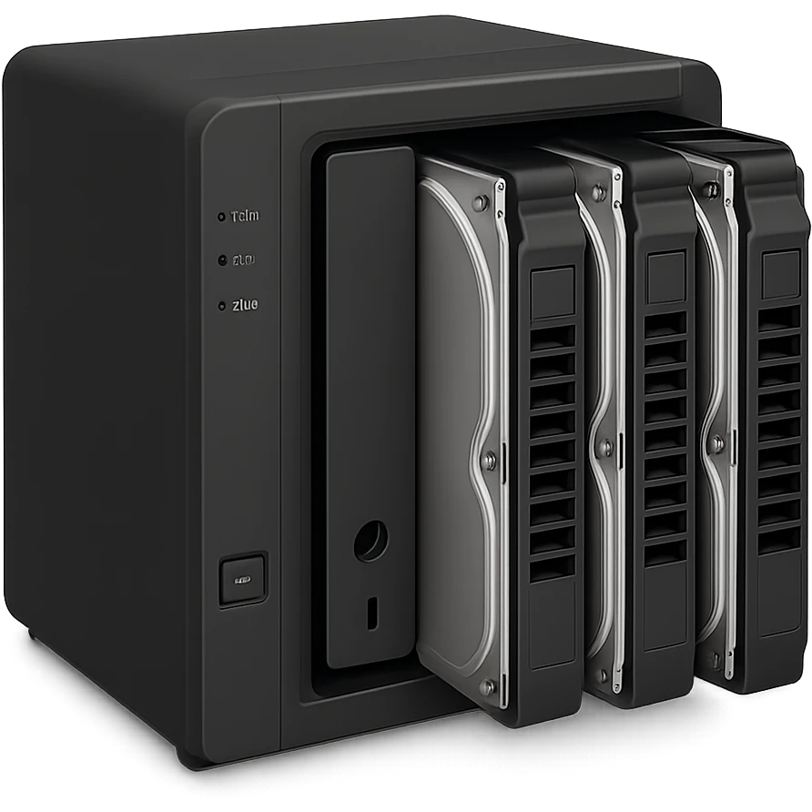 a generic NAS device with hard drives visible, simple and recognizable, not branded emoji