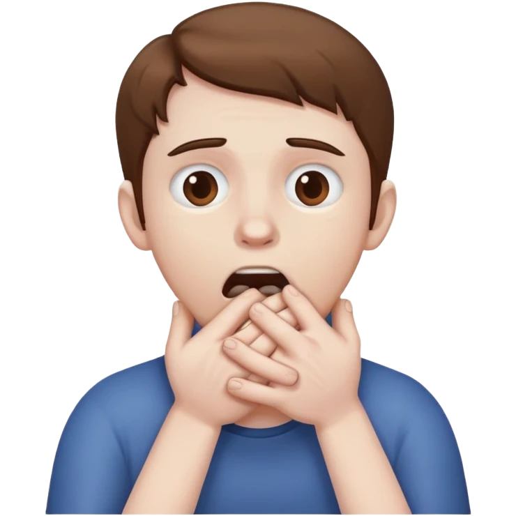 White person with brown hair choking themselves with both hands emoji