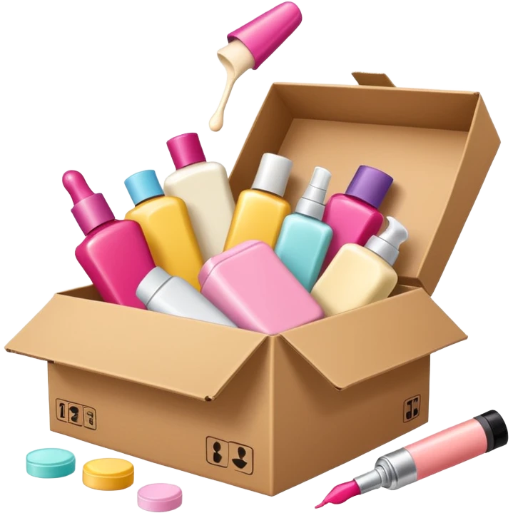 a cardboard box with assorted beauty products like compact, lotion, and nail polish spilling out with a blue background emoji