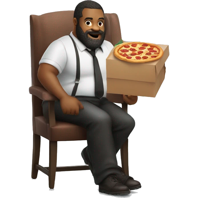 big Man with lipstick on and a beard sitting on chair and holding a pizza box emoji