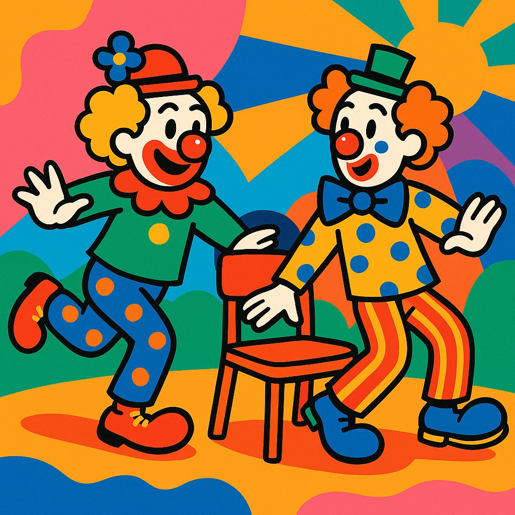 two clowns playing musical chairs, playful and colorful vibrant toon style emoji