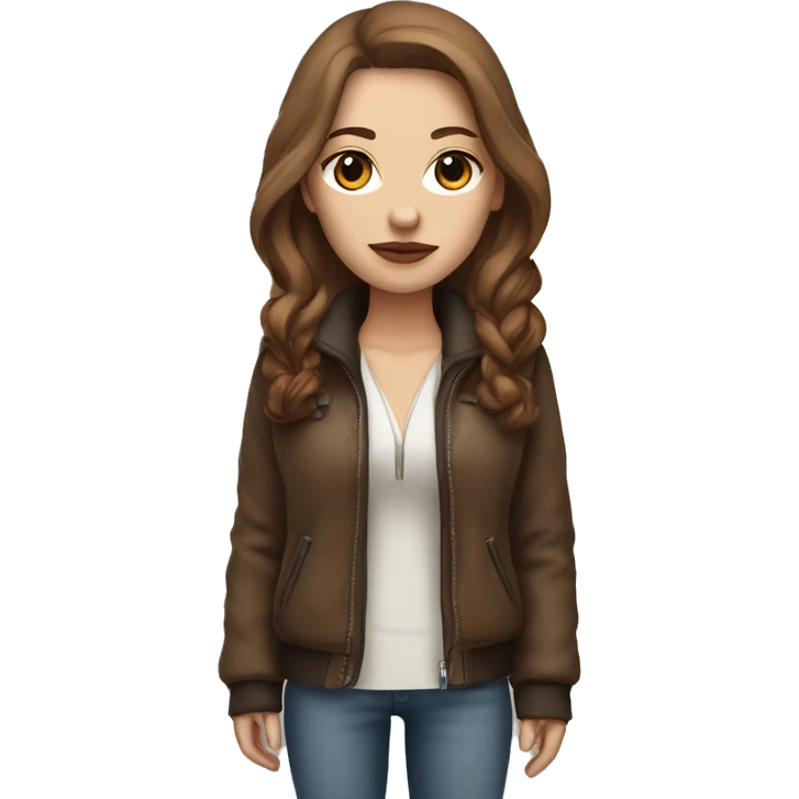 white woman with long brown hair in a furry jacket standing alongside a white pitbull with a brown eye patch  emoji