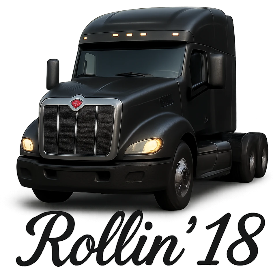 Make the truck more realistic with detailed textures and lighting, keep the 'Rollin' 18' script visible at the bottom, show the truck at a 45-degree front angle, and remove the background completely. emoji