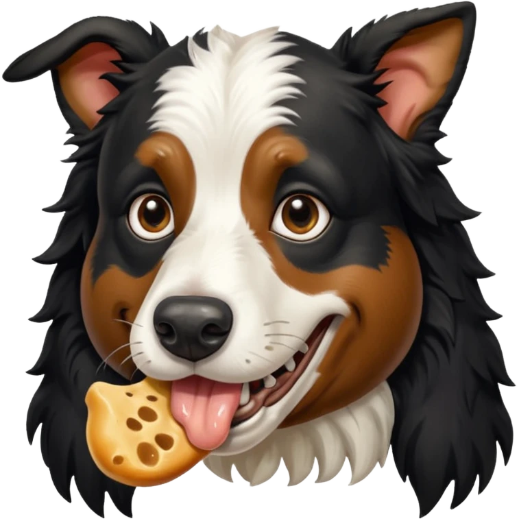 A black and white border collie is chewing on a rotten, smelly cow's hoof. emoji