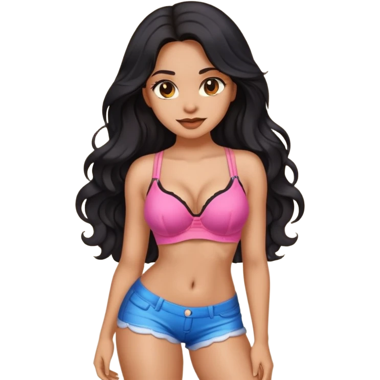 Garota emoji sexy, corpo bonito, cabelo preto longo ondulado, morena clara, sutiã e short curto,  emoji