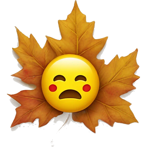 a classic yellow emoji happy face where instead of eyes it has 2 red maple leaves  emoji