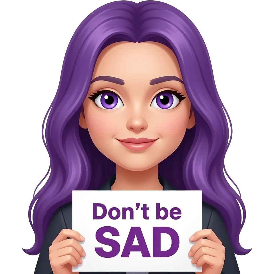 sexy girl with long purple hair and purple eyes holding Don't be SAD sign emoji