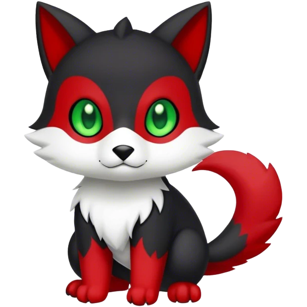 Cute cool black red animal hybrid Fakemon full body, green eyes, white belly, white muzzle emoji