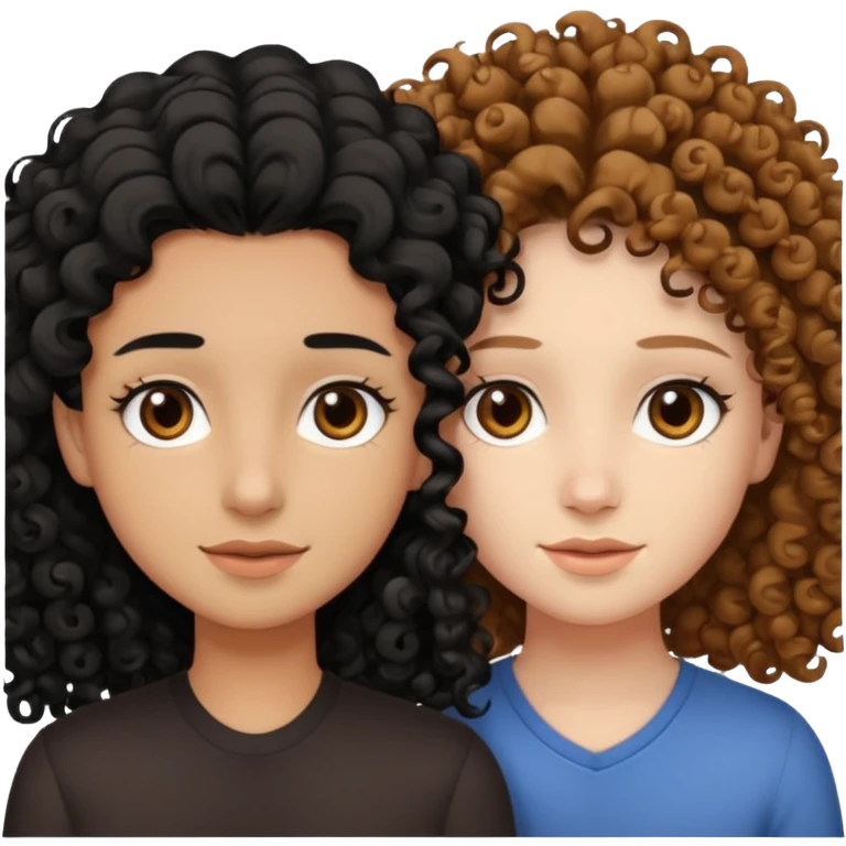 two bestfriends one tan, brown eyes curly hair and the other pale, black straight hair, brown eyes emoji