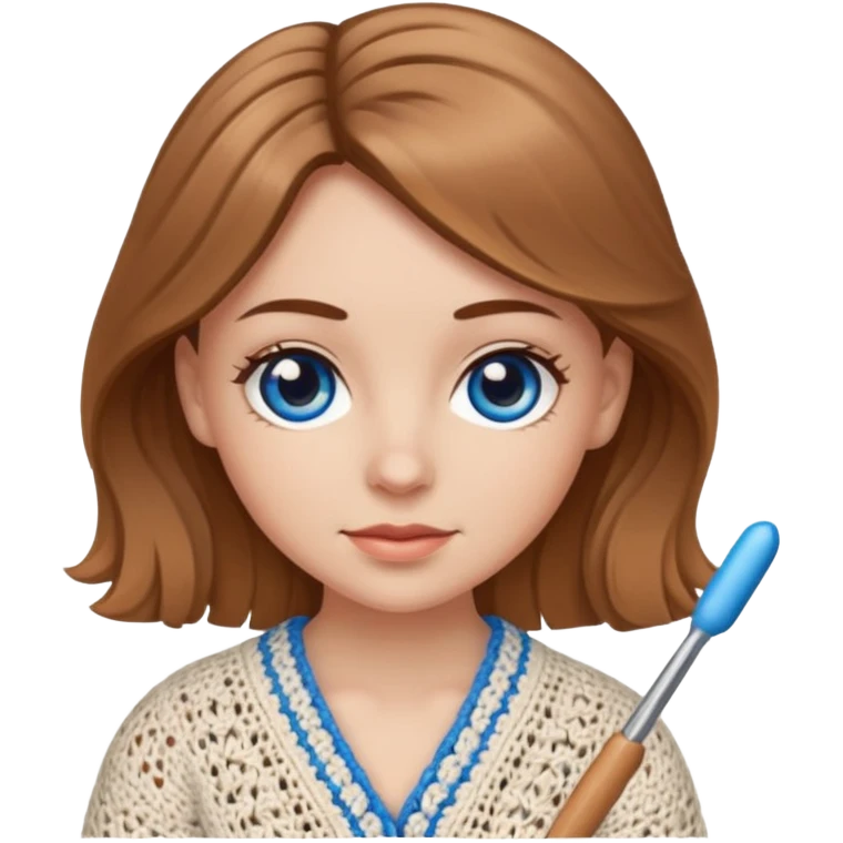 White girl with light brown/dark blond long hair and blue eyes who likes to crochet emoji