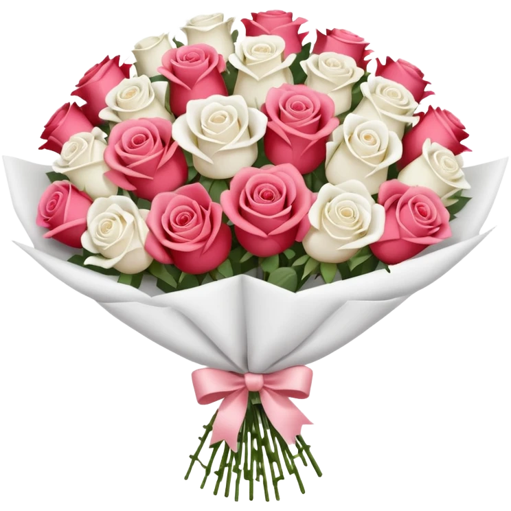 A white paper-wrapped bouquet of fresh roses and baby’s breath emoji