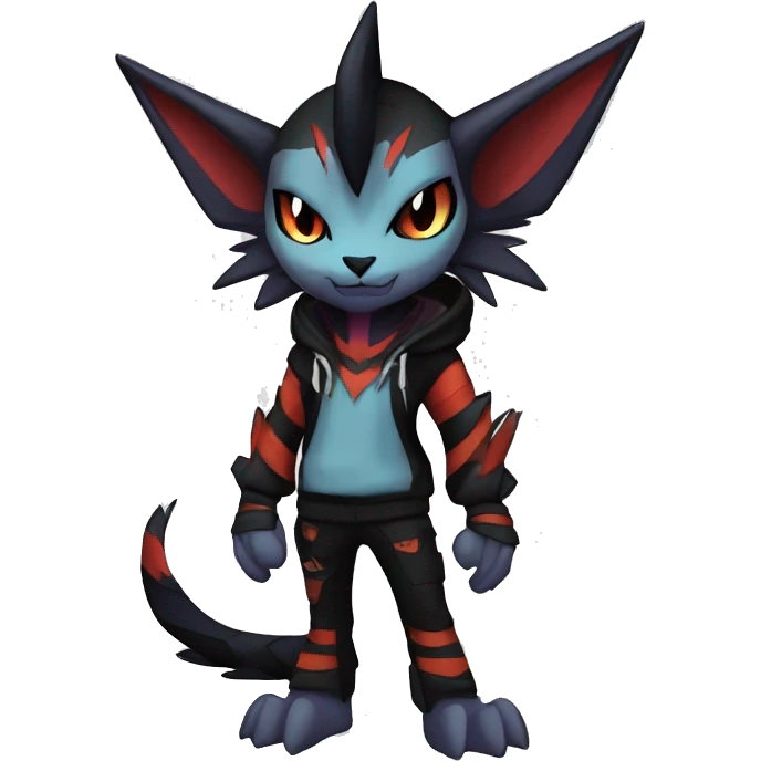 Cool Anthro Black Noivern-Absol-Litten-Pokémon with edgy stripes hoodie spiked collar punk Full Body emoji
