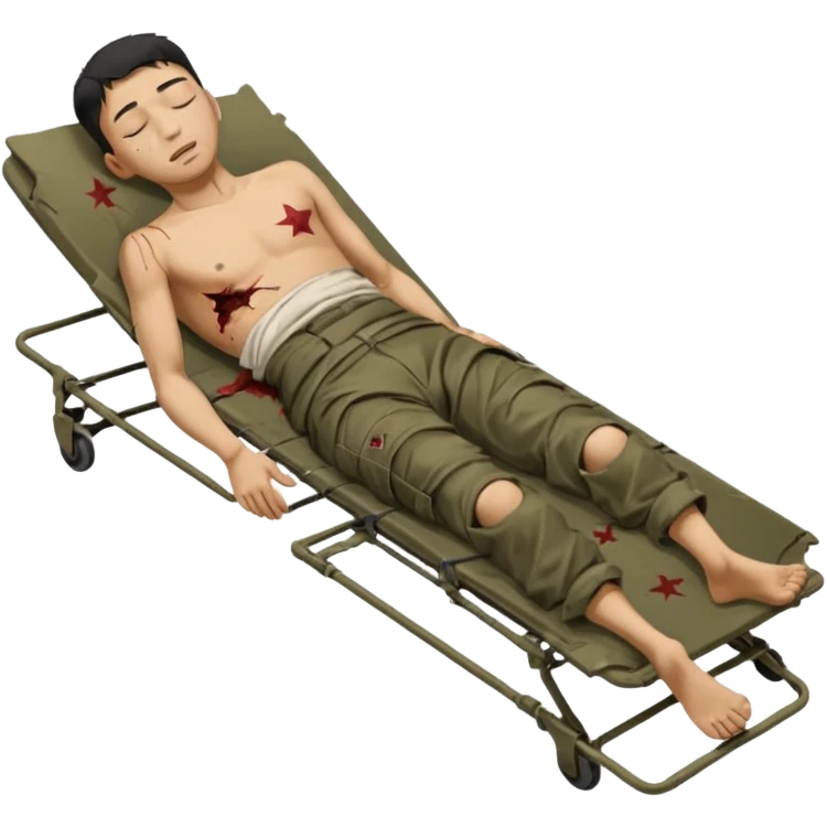 wounded man of oriental appearance, dressed in torn clothes, full length, with closed eyes, head lying on stretcher, in prone position, with injuries on black military stretcher, 1980 emoji