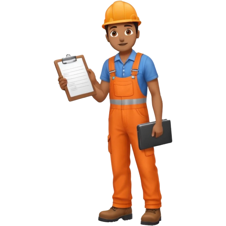 Indian male railway engineer orange overalls, boots holding a clipboard back view emoji