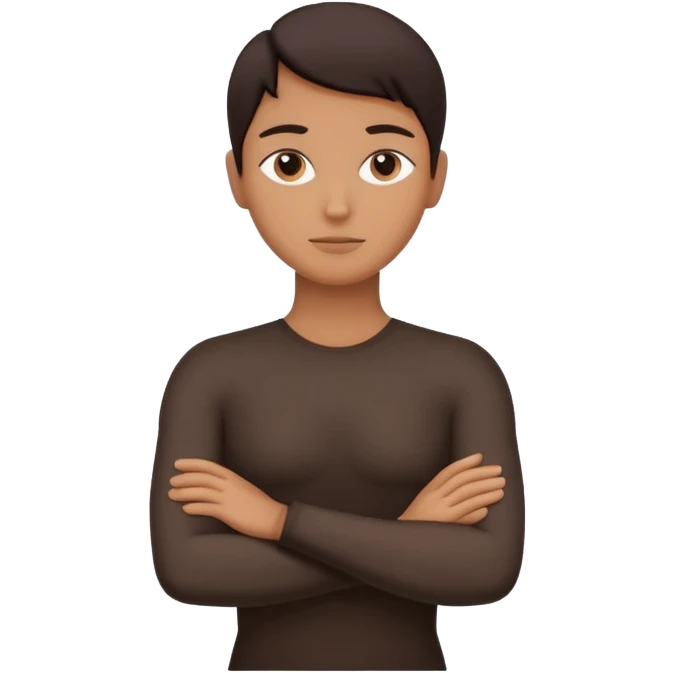 Minimalist human silhouette, upper body only, arms crossed, no facial features, solid dark shape, flat icon style, centered, transparent background emoji
