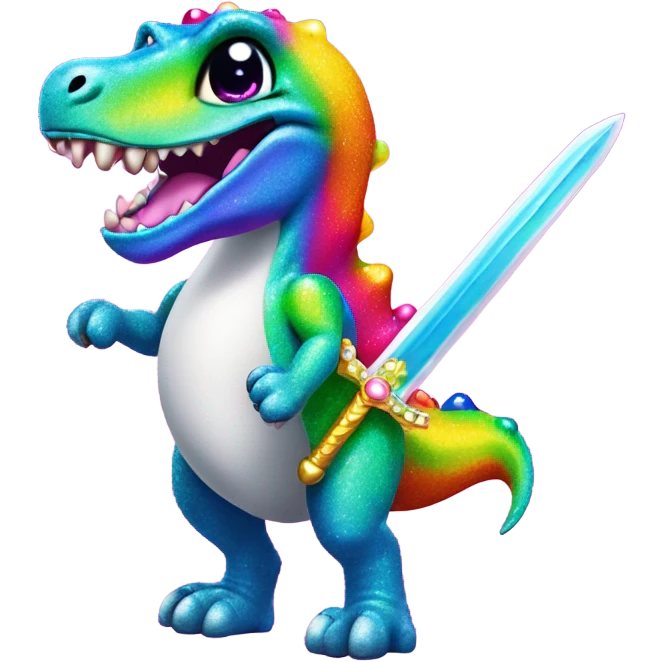 Lisa frank glitter rainbow cute dinosaur with sword and pearls emoji