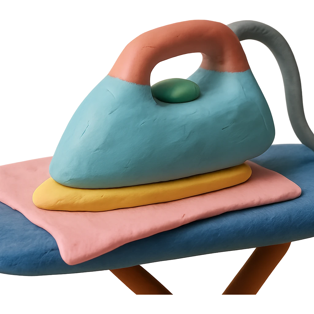 close-up of iron gliding over fabric on ironing board, soft lighting, pastel colors, claymation style emoji